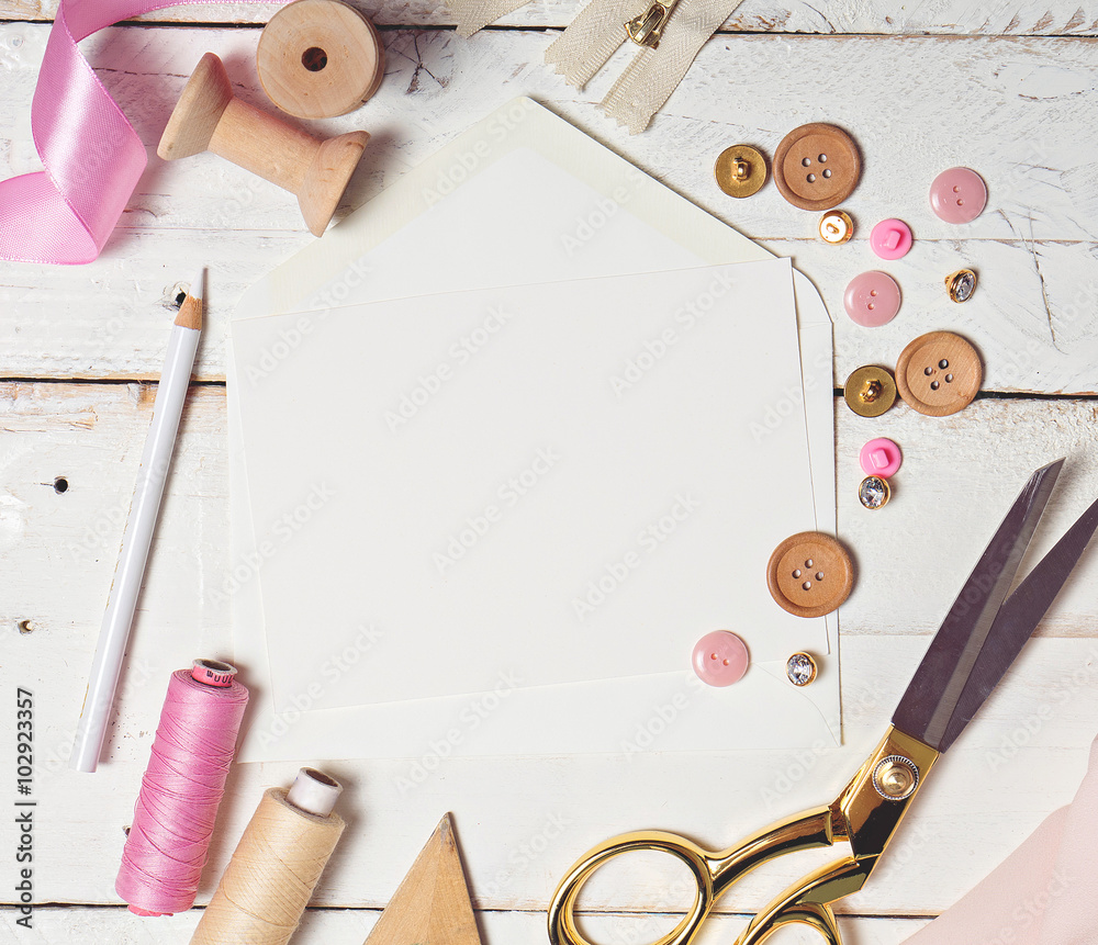 colorful Background with sewing tools - obrazy, fototapety, plakaty 