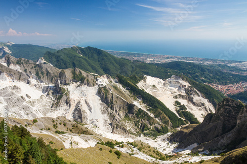 Panoramic view of Carrara's marble quarries in Tuscany, Italy