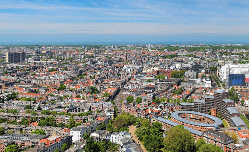 High angle view of The Hague from the panoramic terrace on the 42nd floor of Het Strijkijzer skyscraper, Netherlands 