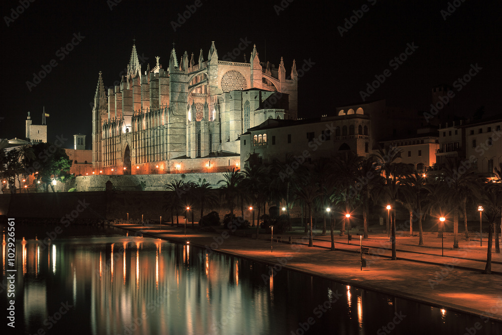 La Seu, Palma of Majorca Cathedral, ghotic mediterranean architecture built of sandstone, photographed at night