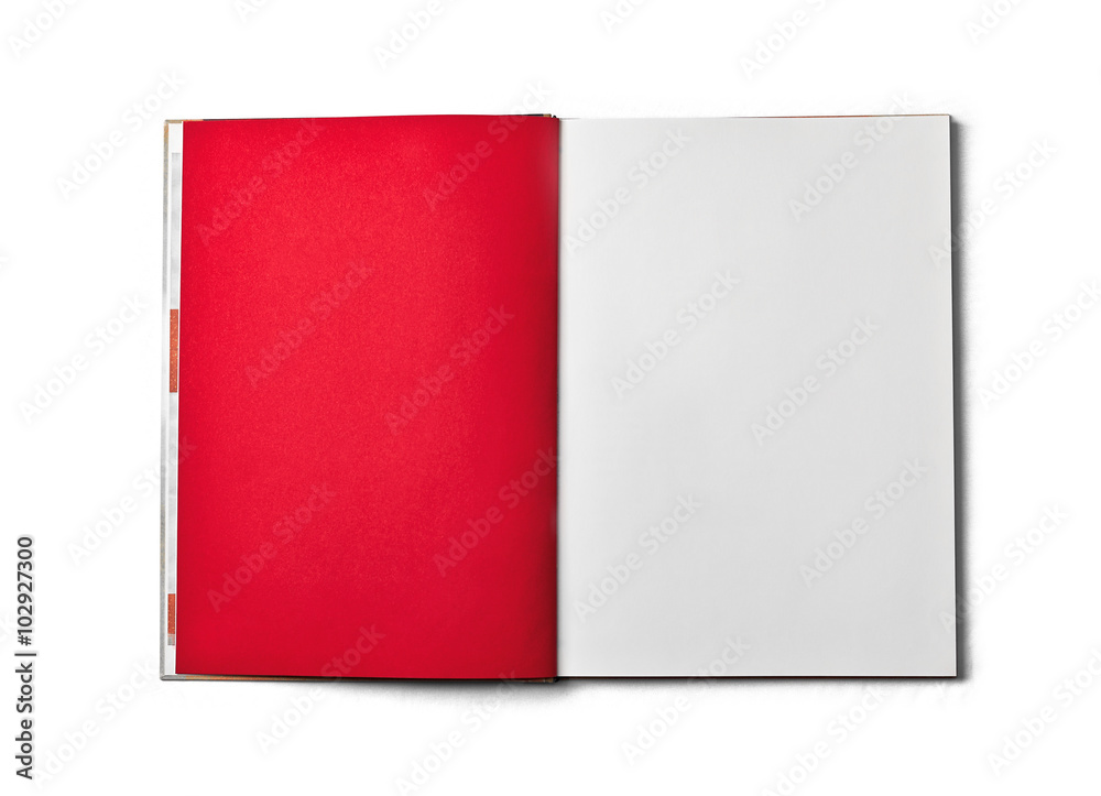 Blank open book isolated on white background. Front view. Paper texture. Clipping path. Mock up.