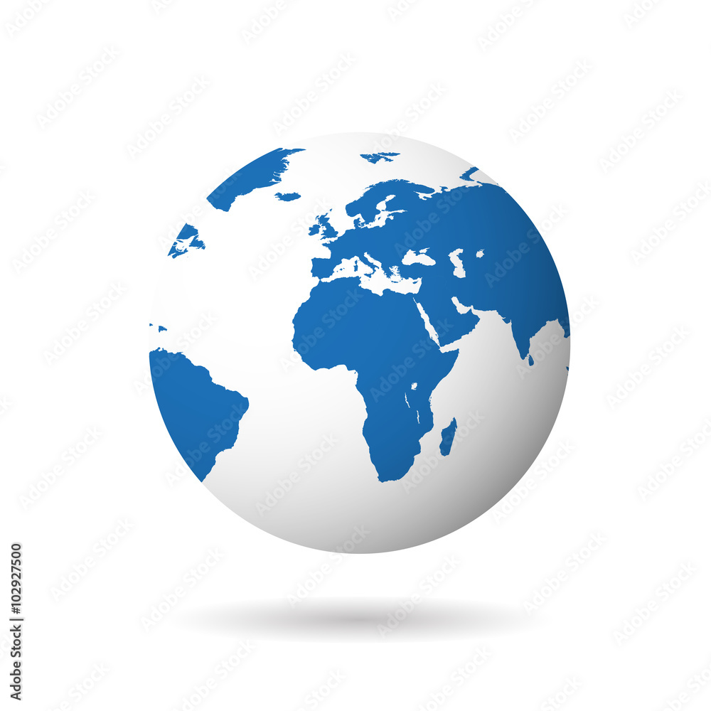 Map of the world globe with shadow on white background