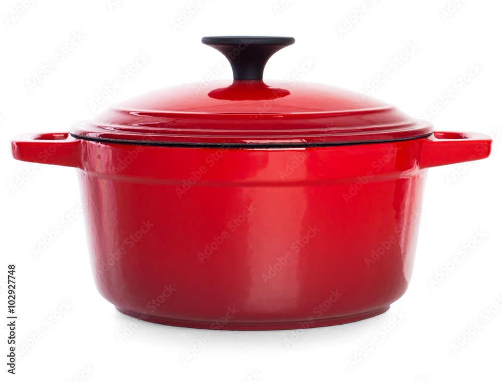 Red cast iron cooking pot, isolated on white background. Red cast iron cooking pot, isolated on white background.