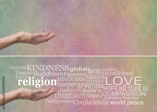 KINDNESS is the No 1 religion - female palm up hand with the word RELIGION floating above, surrounded by a religion word cloud on a subtle multicolored parchment stone effect background photo