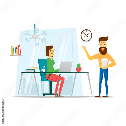 Business People. Business woman working in office her desk. People meeting discussing office desk and workplace. Flat vector illustration.