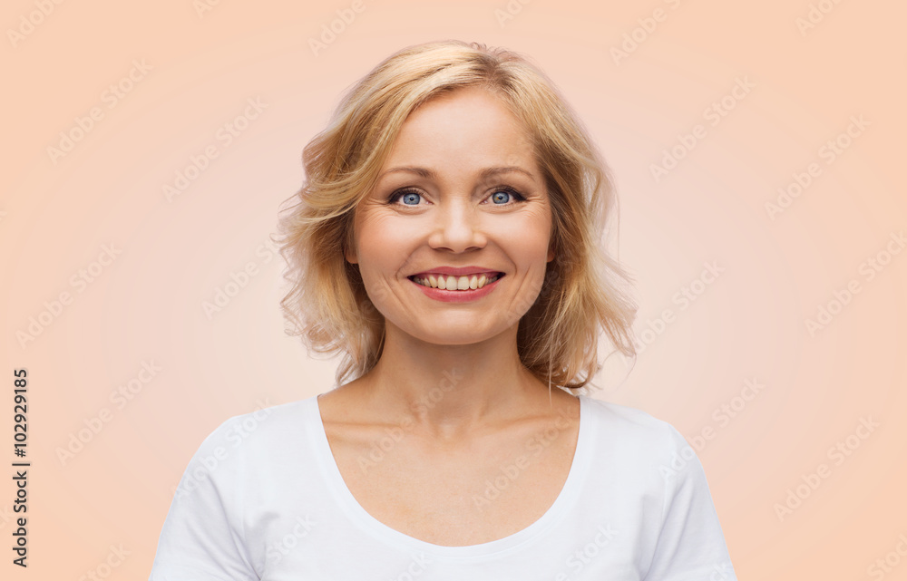 smiling woman in blank white t-shirt smiling woman in blank white t-shirt