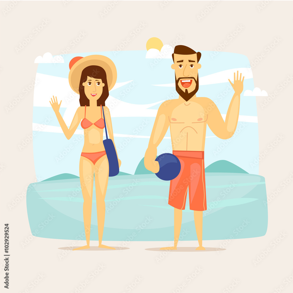People on vacation, couple on the beach. Beach characters. Summer holiday, travel, journey, vacation in paradise. Vector illustration.