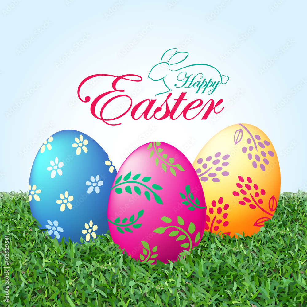 Happy Easter Message, Easter Eggs on Grass Vector illustration