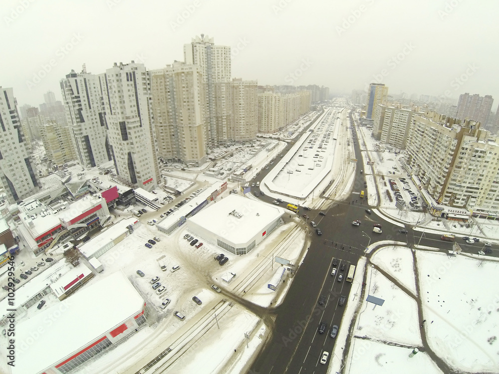 Aerial view of the road in Kiev at winter