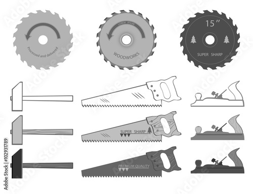 set of tools for working with wood. have a hammer, planer, circular saw and a hacksaw.
