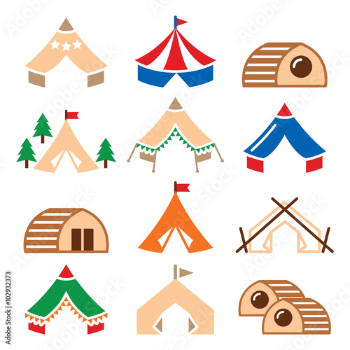Glamping, luxurious camping tents and bambu houses icons set 