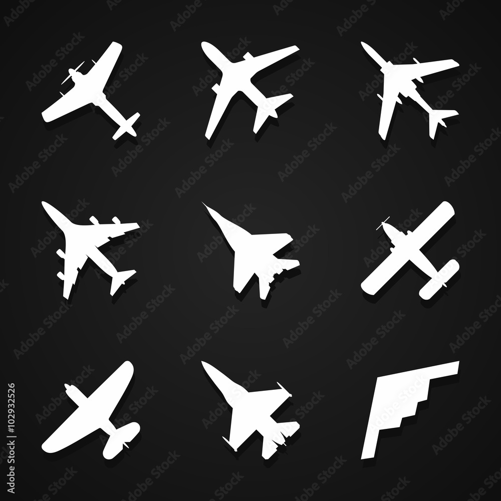 Airplane icons set: passenger plane, fighter plane and screw on dark background with shadow. Vector Illustration