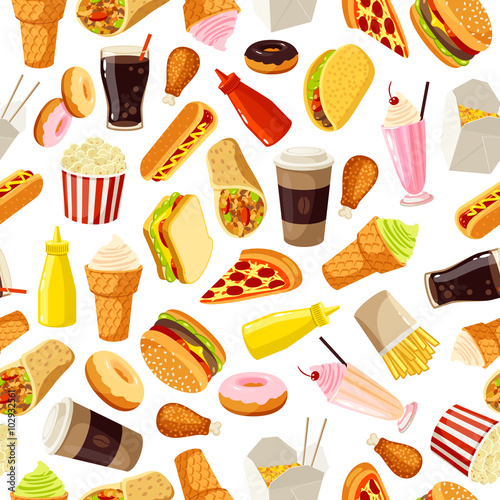 Seamless pattern with cartoon fast food. Vector illustration, eps10.