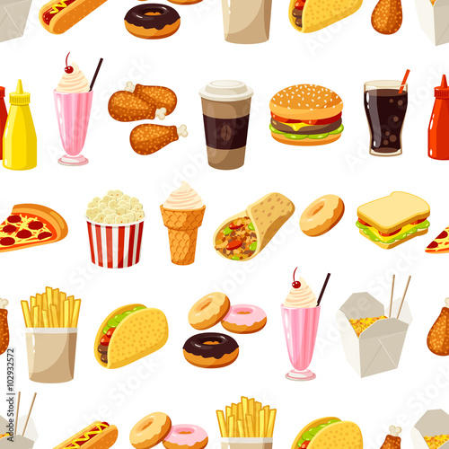 Seamless pattern with cartoon fast food. Vector illustration, eps10.
