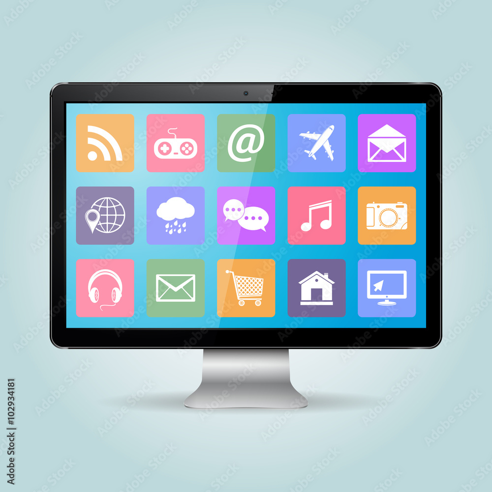 Modern office business desktop computer PC monitor with icons Modern office business desktop computer PC monitor with icons