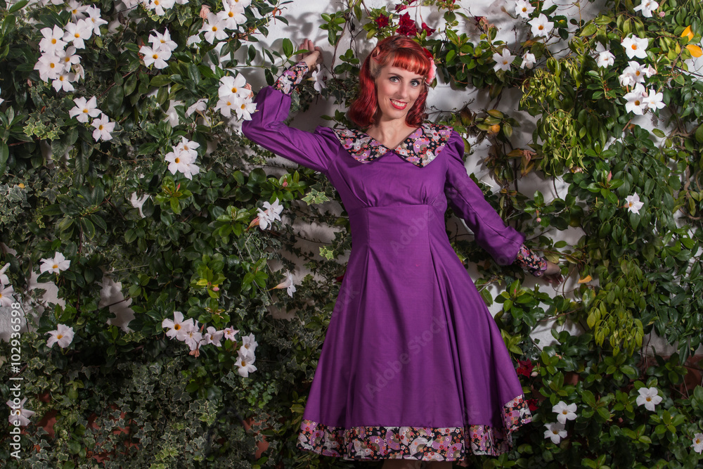 young redhead girl on a retro vintage dress