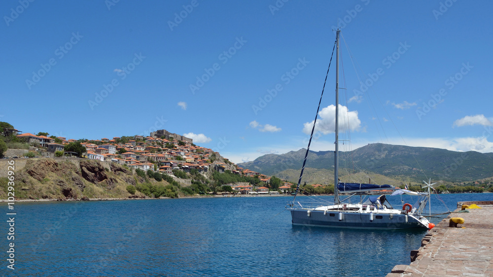  Yacht moored in the harbour at Molyvos popular destination for sailing in the Aegean.