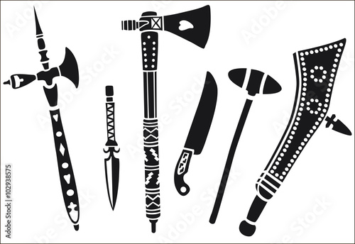 Set of weapons of native american. The concept for the design. Vector illustration. Authentic weapon American Indians