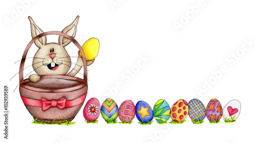 Photography Easter bunny with colorful eggs isolated on white background
