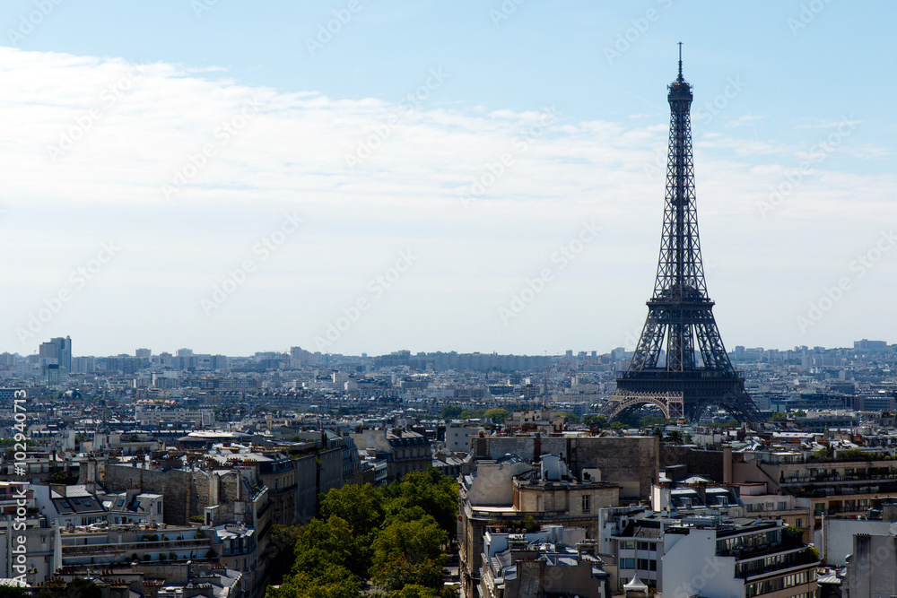 Color DSLR image of the landmark, tourist destination Eiffel Tower, Paris, France, with the skyline of Paris in the foreground and background. Horizontal with copy space for text
