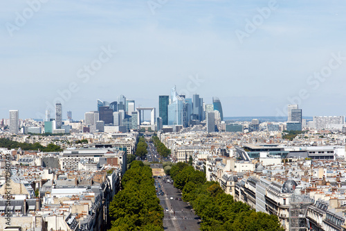 Color DSLR stock image of Paris city skyline, including the skyscrapers of neighborhood known as La Defense on the outskirts of the city. Horizontal with copy space for text