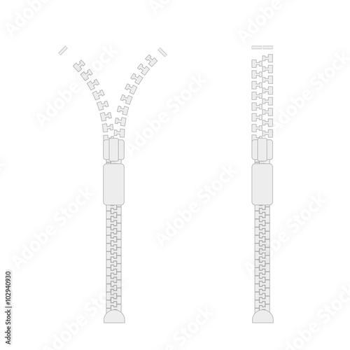 Opened closed zipper on a white background