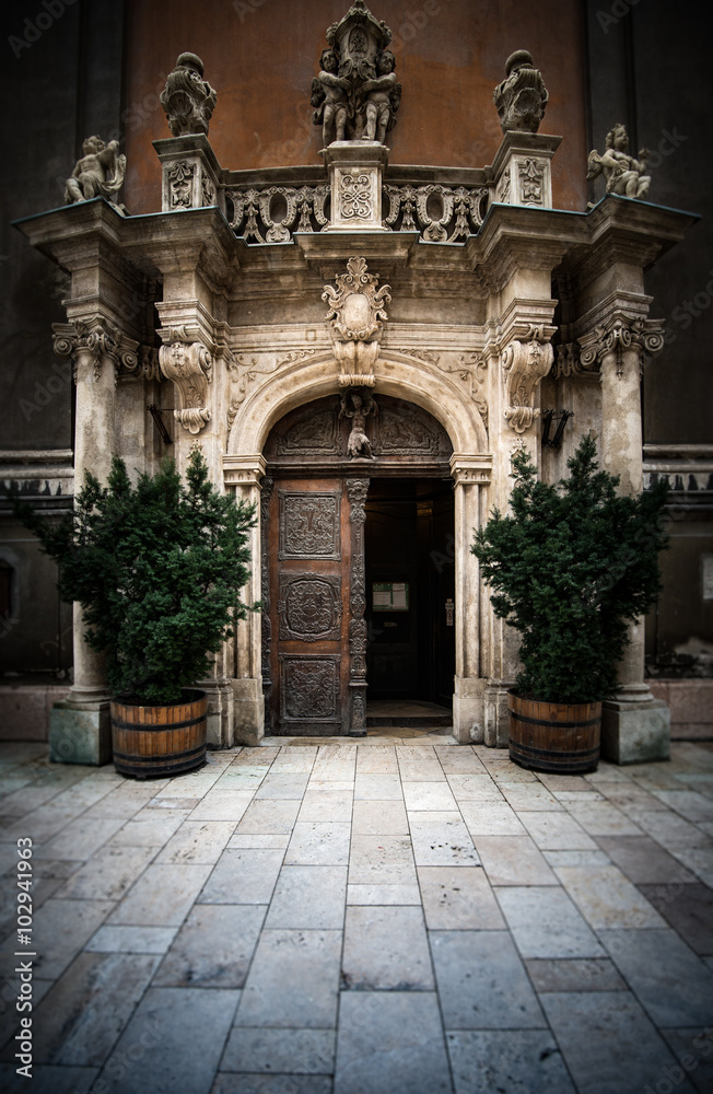Church entrance in Budapest, Europe.