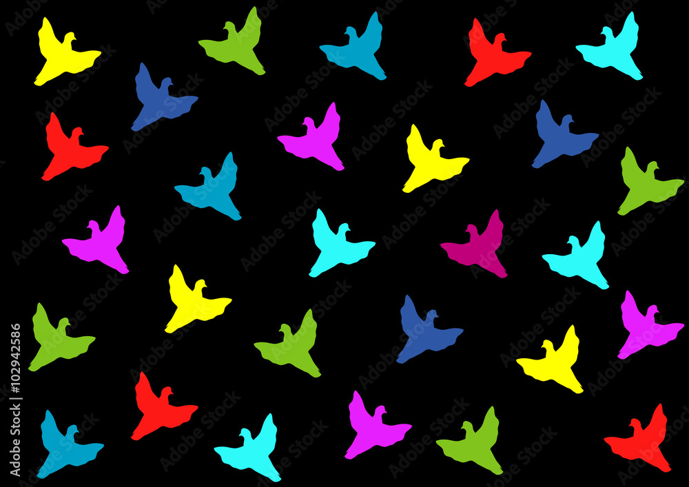 colorful flying doves on black background colorful flying doves on black background