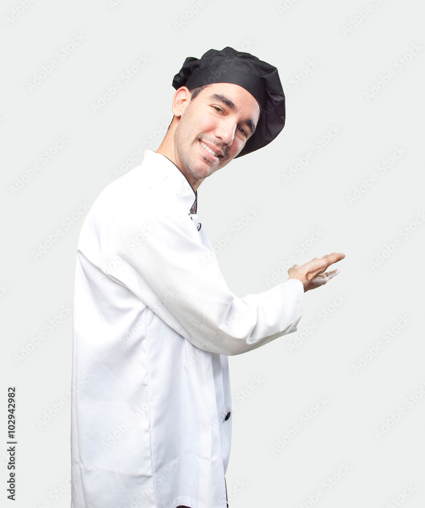 Chef inviting customers to come Chef inviting customers to come