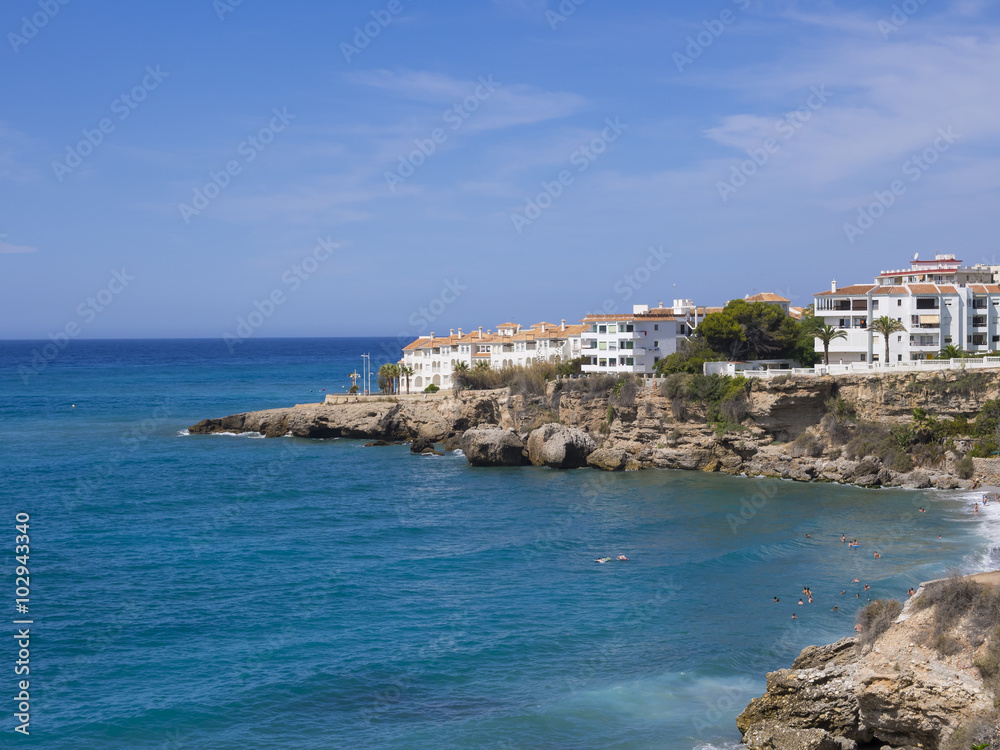 Playa El Salón, Strand, Nerja, Provinz Malaga, Costa del Sol, Andalusien, Spanien
