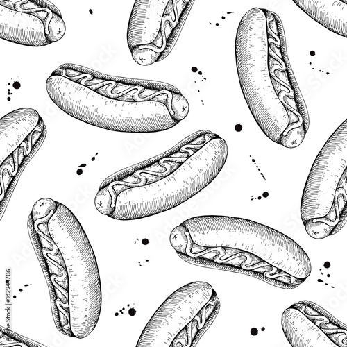 Vector seamless vintage hot dog pattern. Hand drawn monochrome f