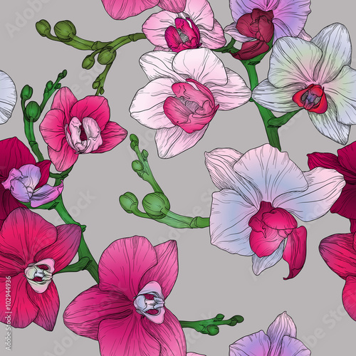 tropic floral seamless pattern with hand drawing orchid flowers