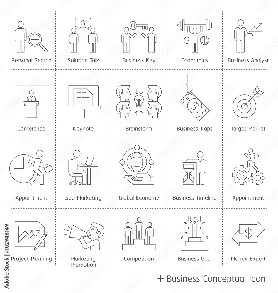 Fototapeta premium Business management conceptual icons. Vector thin line style.