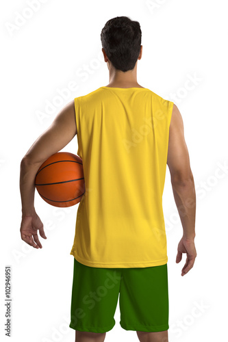 Professional Brazilian basketball player with ball.