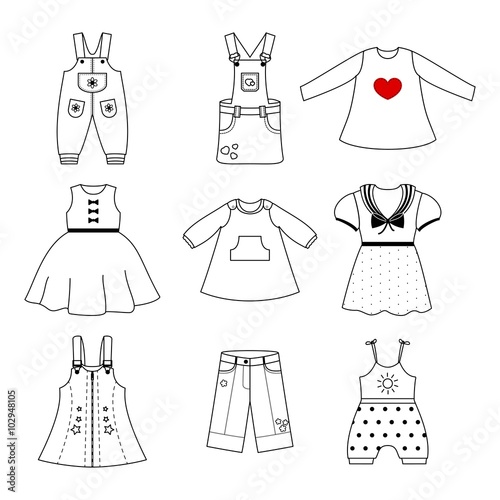 Set of cute dresses for the little girl. Collection of clothing in a linear style for the child. Vector icons
