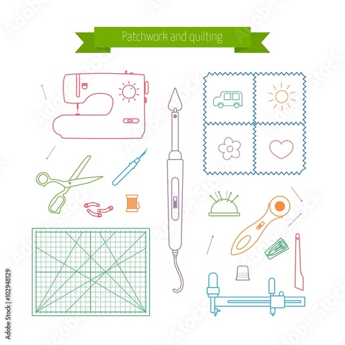 Patchwork line icons set. Quilting supplies and accessories icons. Vector outline icon collection