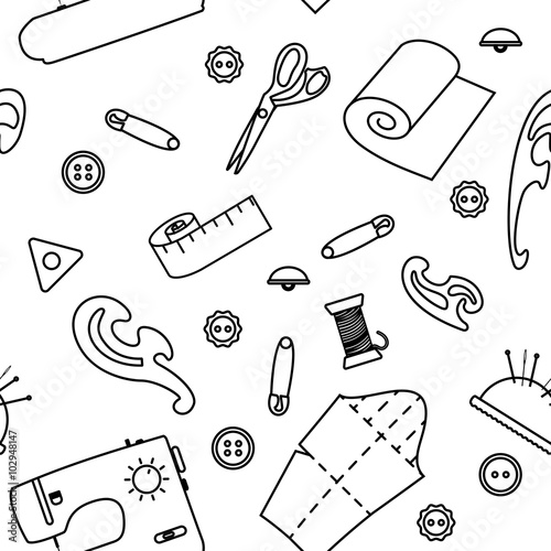 Vector line sewing seamless pattern. Outlined needlework vector illustration