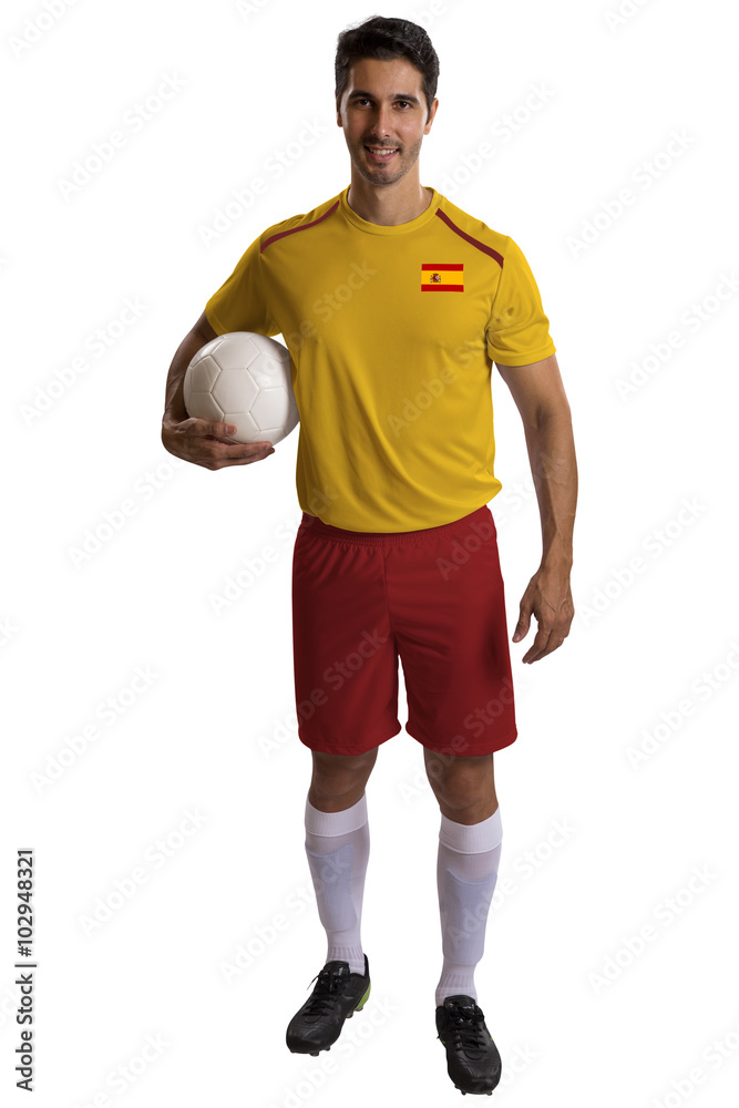 Spanish soccer player holding ball on white background