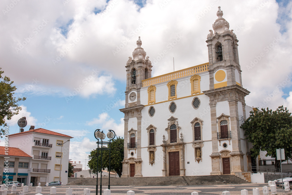 View of the landmark church of Carmo located in Faro, Portugal.