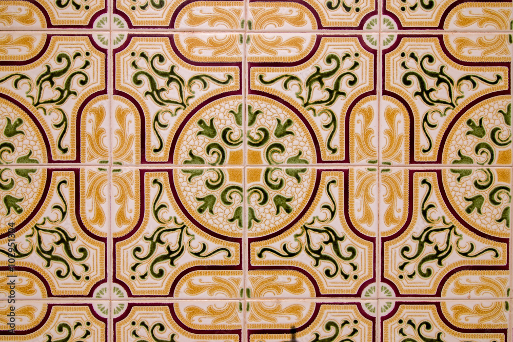 Close view of the beautiful artwork of the portuguese azulejo ceramic.