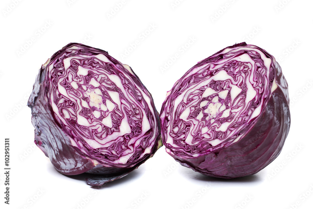Close up view of a purple cabbage (Brassica oleracea var. capitata f. rubra) isolated on a white background. Close up view of a purple cabbage (Brassica oleracea var. capitata f. rubra) isolated on a white background.
