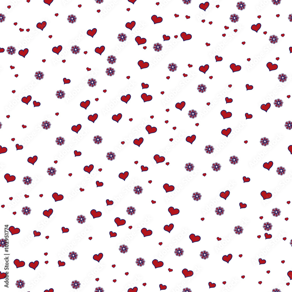 Hand drawn seamless pattern with hearts and flowers
