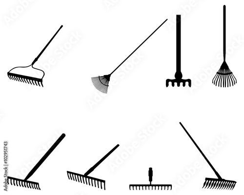 Canvas Print Black silhouettes of rake on a white background, vector
