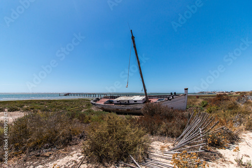 Abandoned boat on the vegetation on the sand dunes of Ria Formosa marshlands located in the Algarve, Portugal.