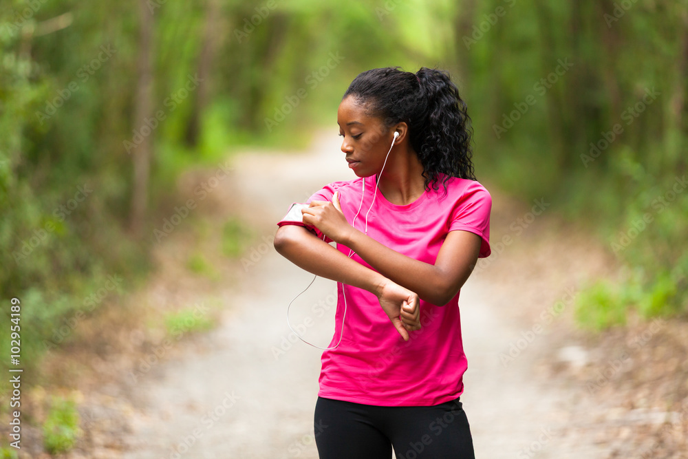 African american woman jogger portrait - Fitness, people and h African american woman jogger portrait - Fitness, people and h
