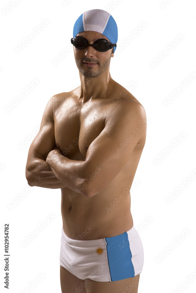  Portrait of man in swimsuit; professional swimmer with argentin