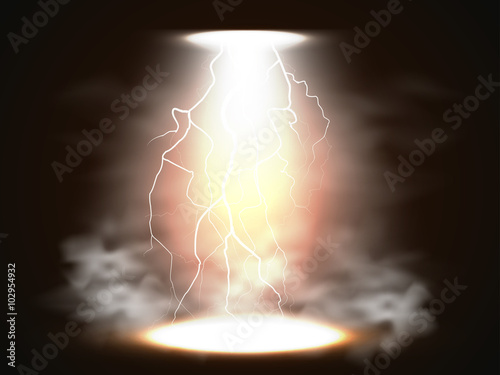 Vector transparent energy spotlight scene with lightning and fog or smoke background. Abstract light power modern design