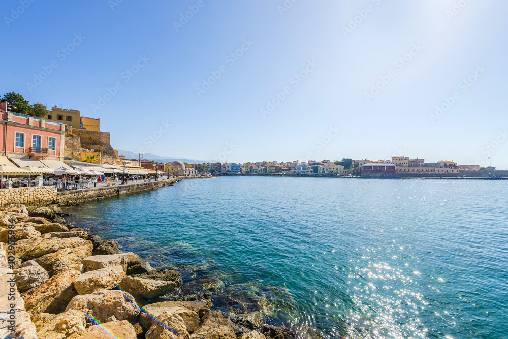 Panoramic view of the port of Chania in Crete, Greece