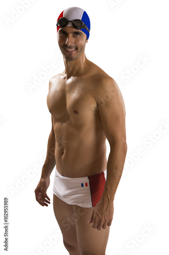  Portrait of man in swimsuit  professional swimmer with French u