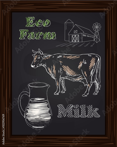 eco farm with a cow and milk